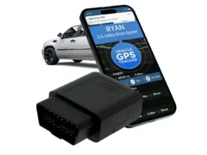 GPS Tracker with cell phone and a car in the background